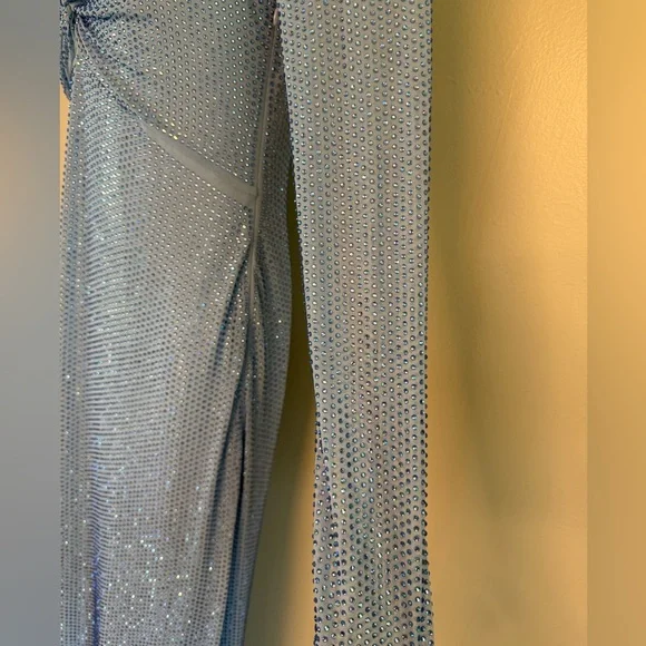 Self-Portrait Iridescent Blue Crystal Rhinestone Long Sleeve Maxi Gown Size 4 - Picture 6 of 16